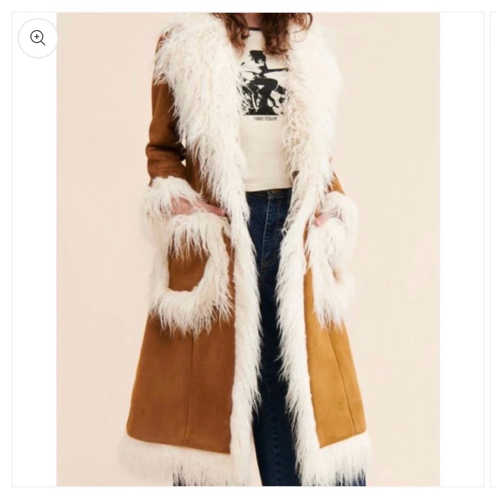 Brown Boho Casual Women's Contrast Shaggy Faux Fur Mid-Length Jacket